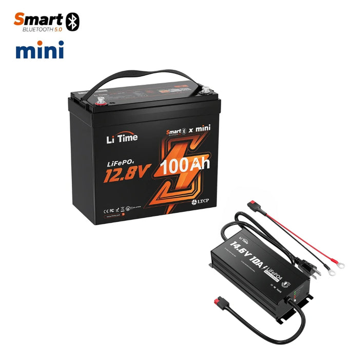12V 100Ah mini LiFePO4 lithium battery with smart bluetooth+12V 10A waterproof charger