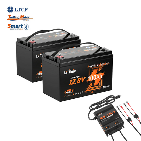 2 pack 12V 100Ah trolling motor bluetooth lithium batteries kits with 12V 10A dual bank charger 