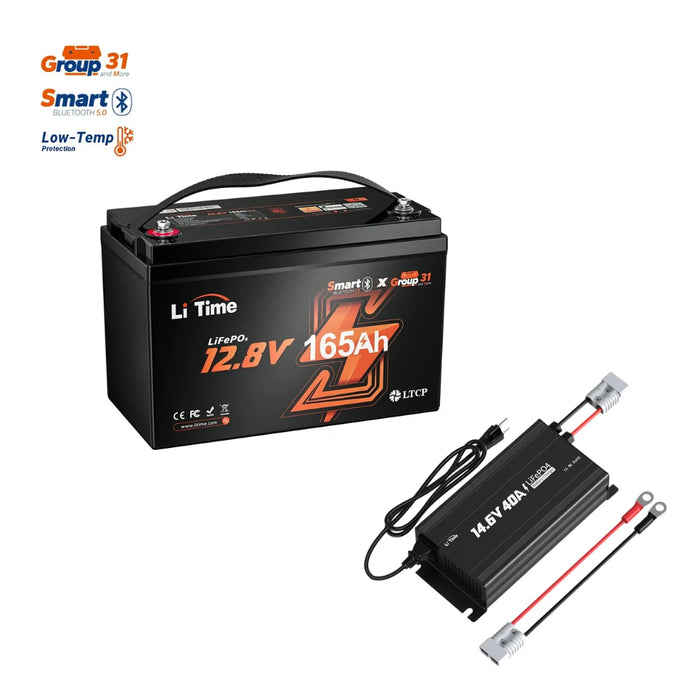 LiTime 12V 165Ah Bluetooth Lithium Battery kit with 12V 40A charger