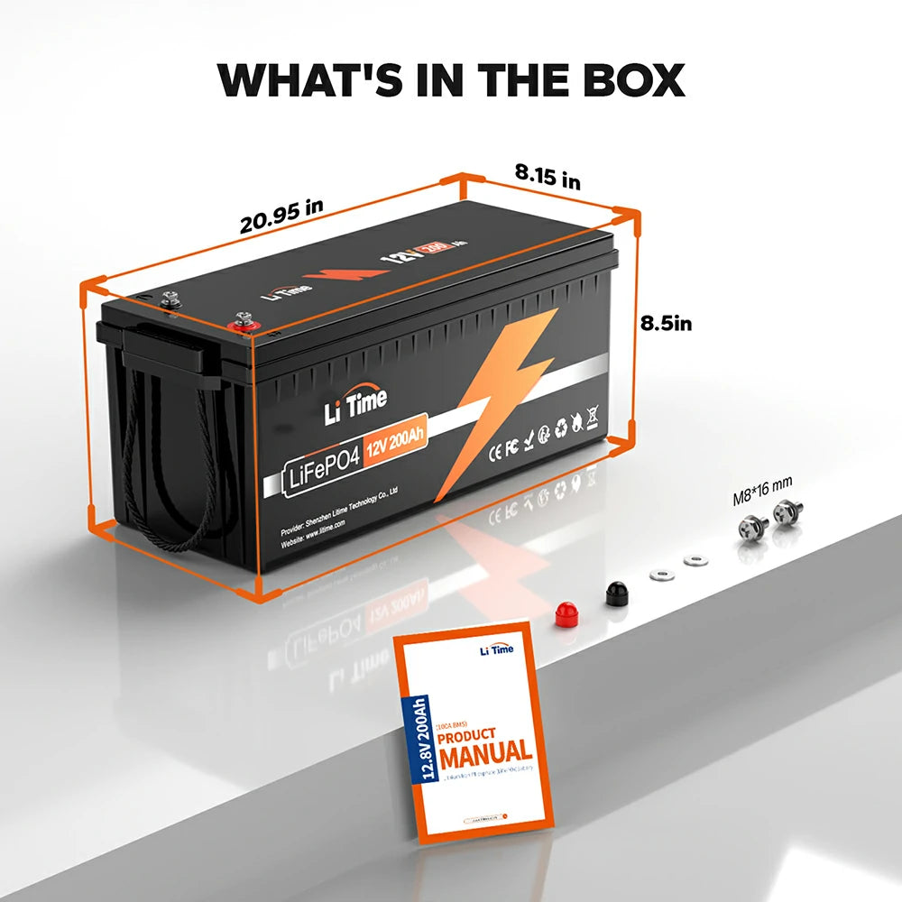 The LiTime 12V 200Ah lithium battery with its dimensions and included product manual and terminal bolts.