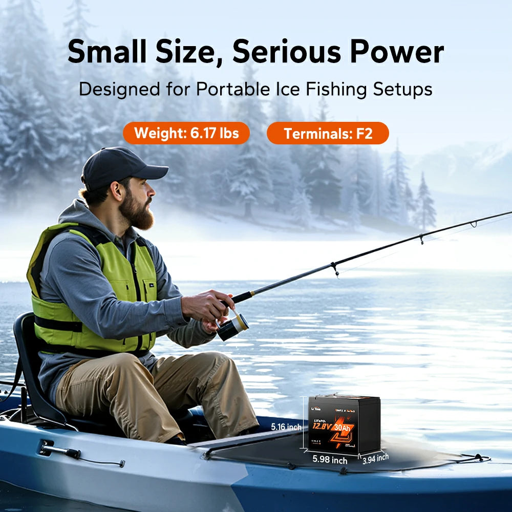 litime 12v 30ah LiFePO4 battery designed for portable ice fishing setups