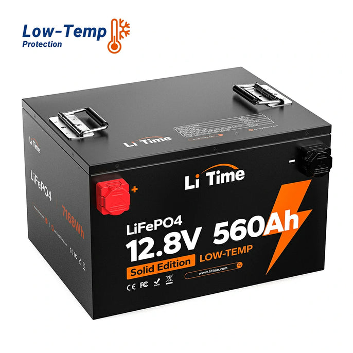 LiFePO4 battery with a capacity of 12.8V and 560Ah, featuring a solid edition design with low-temperature protection