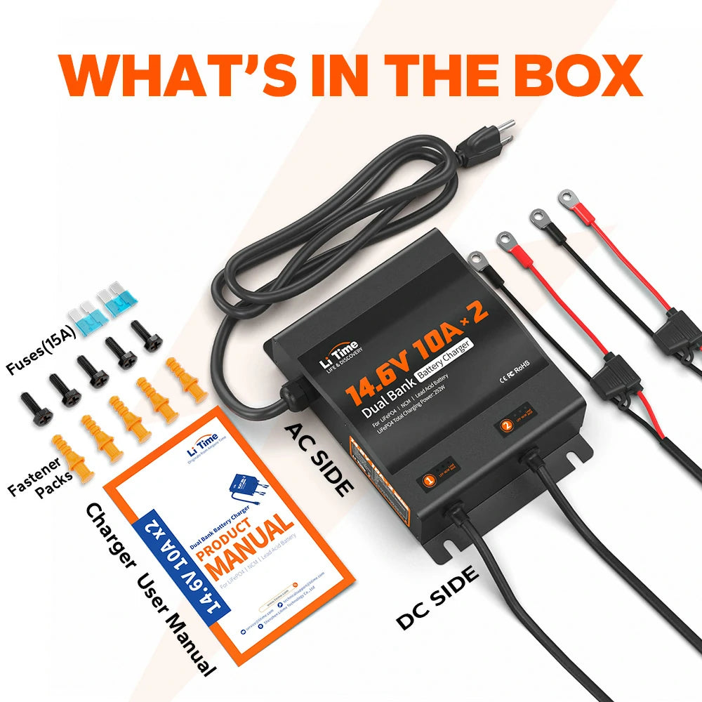 battery package of LiTime 2 Bank Battery Charger