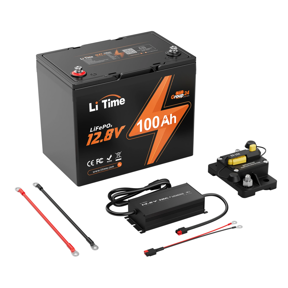 LiTime Group 24 lithium battery kit: 12.8V 100Ah battery with cables, charger, and a battery disconnect switch