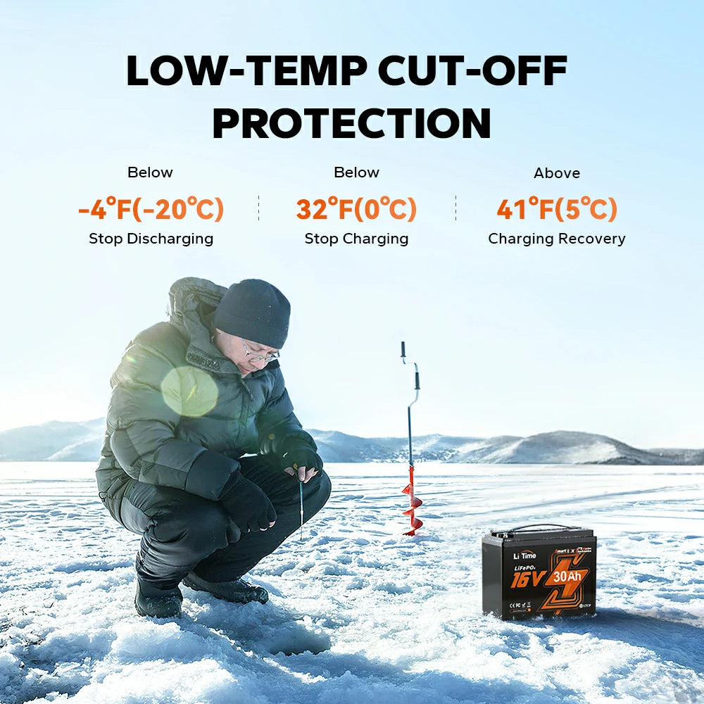 LiTime 16V 30Ah lithium marine batteries with low-temp cut off protection