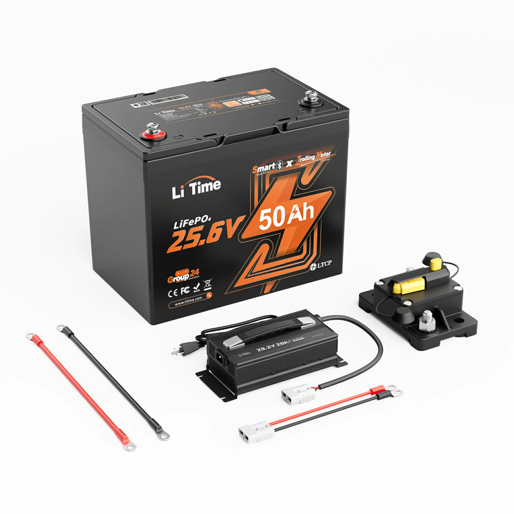 litime 24v marine kit with 50ah Bluetooth battery, 20a charger &150a circuit breaker