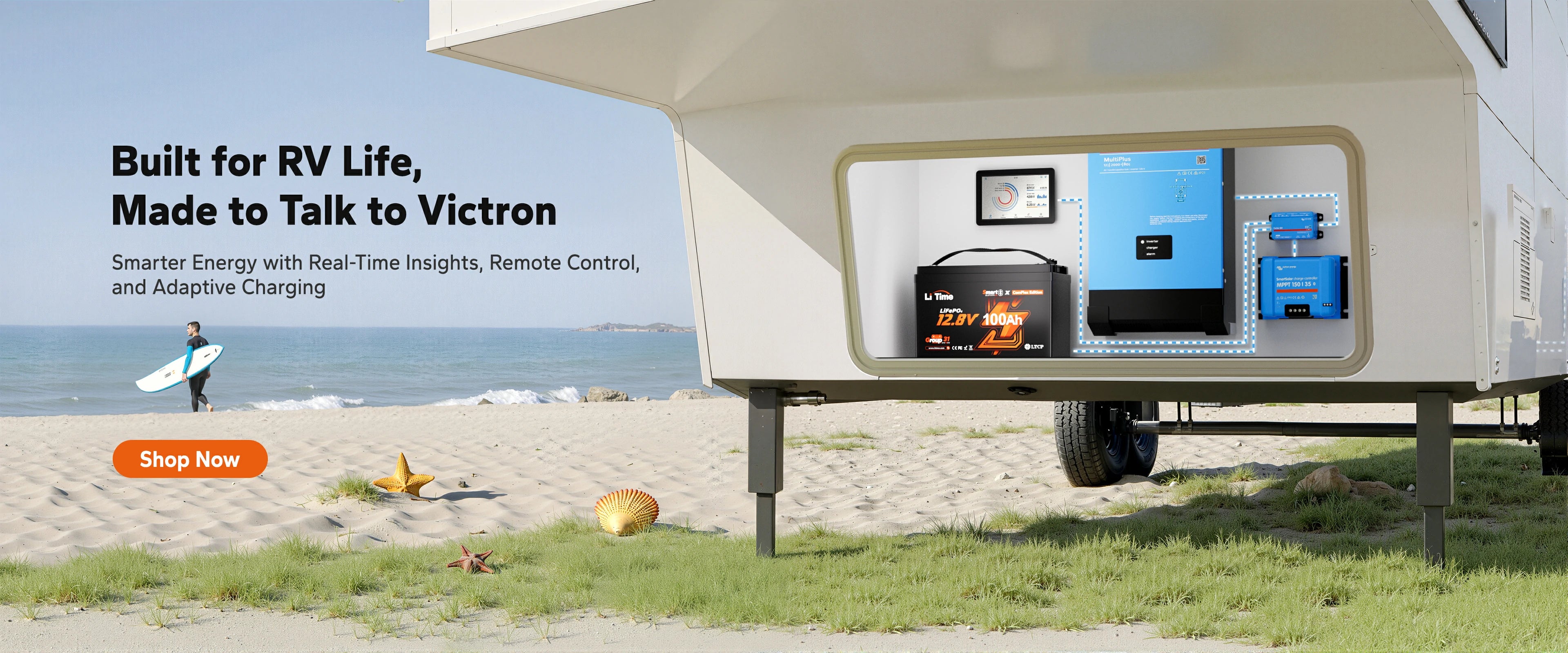 banner of litime 12v 100ah comflex lifepo4 battery featuring litime's 5.0 tech innovation