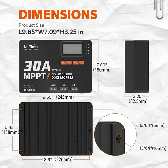 dimension information of litime 30a mppt solar charge controller