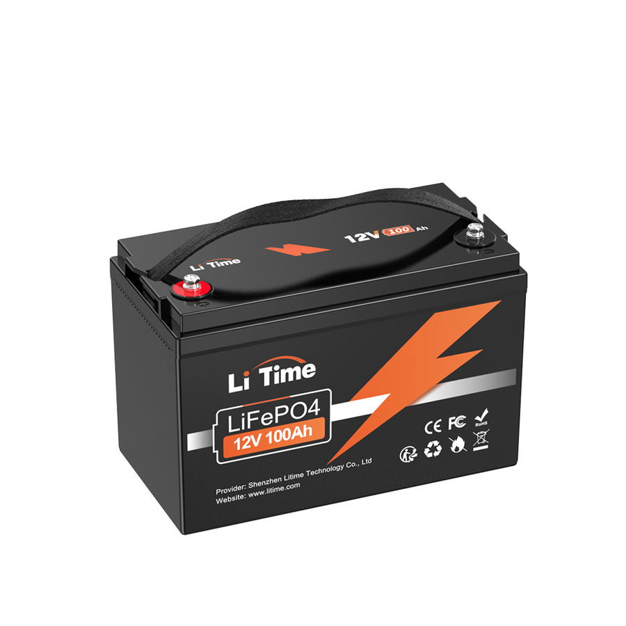 LiTime 12V 100Ah LiFePO4 battery, a black Group 31 case with a moulded carry strap across the top, one red and one silver threaded terminal, and a front label reading 'LiTime LiFePO4 12V 100Ah' with CE, FCC and RoHS marks.