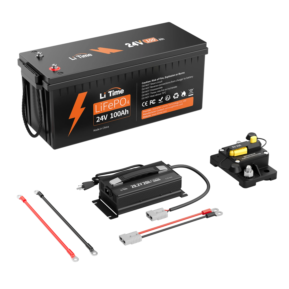 24V 100Ah lithium ion battery kit, including LiTime LiFePO4 battery，matching 24V charger, circuit breaker,