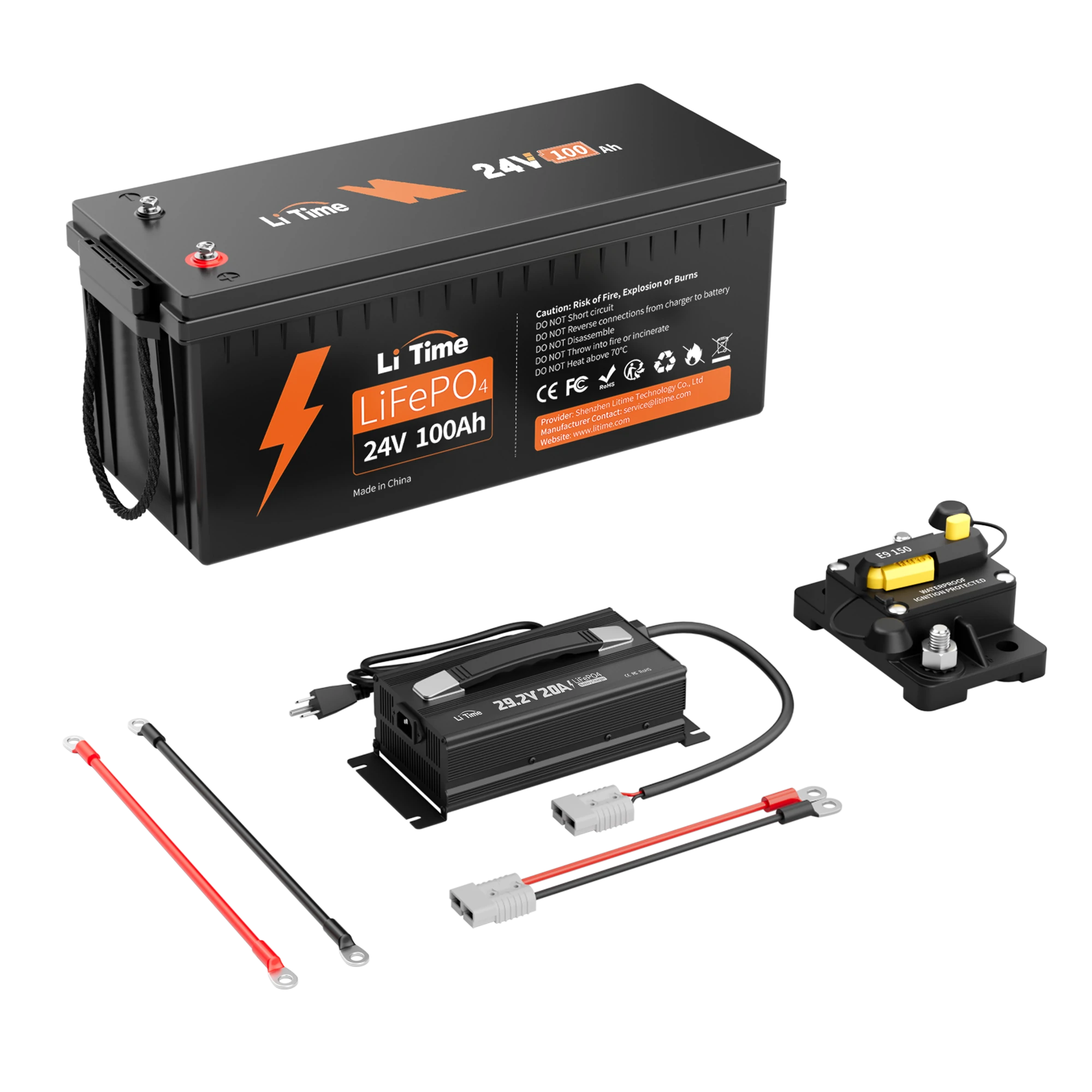 24V 100Ah lithium ion battery kit, including LiTime LiFePO4 battery，matching 24V charger, circuit breaker,