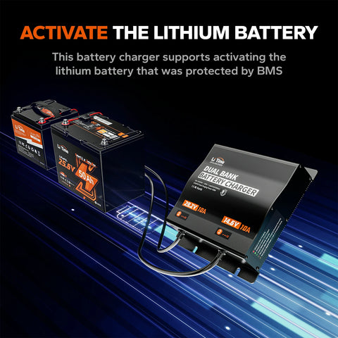 jump start the dead lithium battery with LiTime 2 bank battery charger 