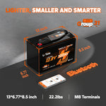 LiTime 12V 100Ah trolling motor battery information: 13x6.77x8.5in, 22.2lbs, M8 terminals, Bluetooth smart monitoring 