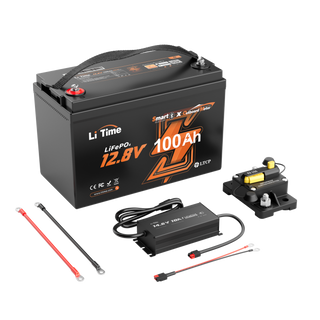 litime deep cycle 12V 100Ah marine battery kit with handle, plus charger, breaker, and connection cables