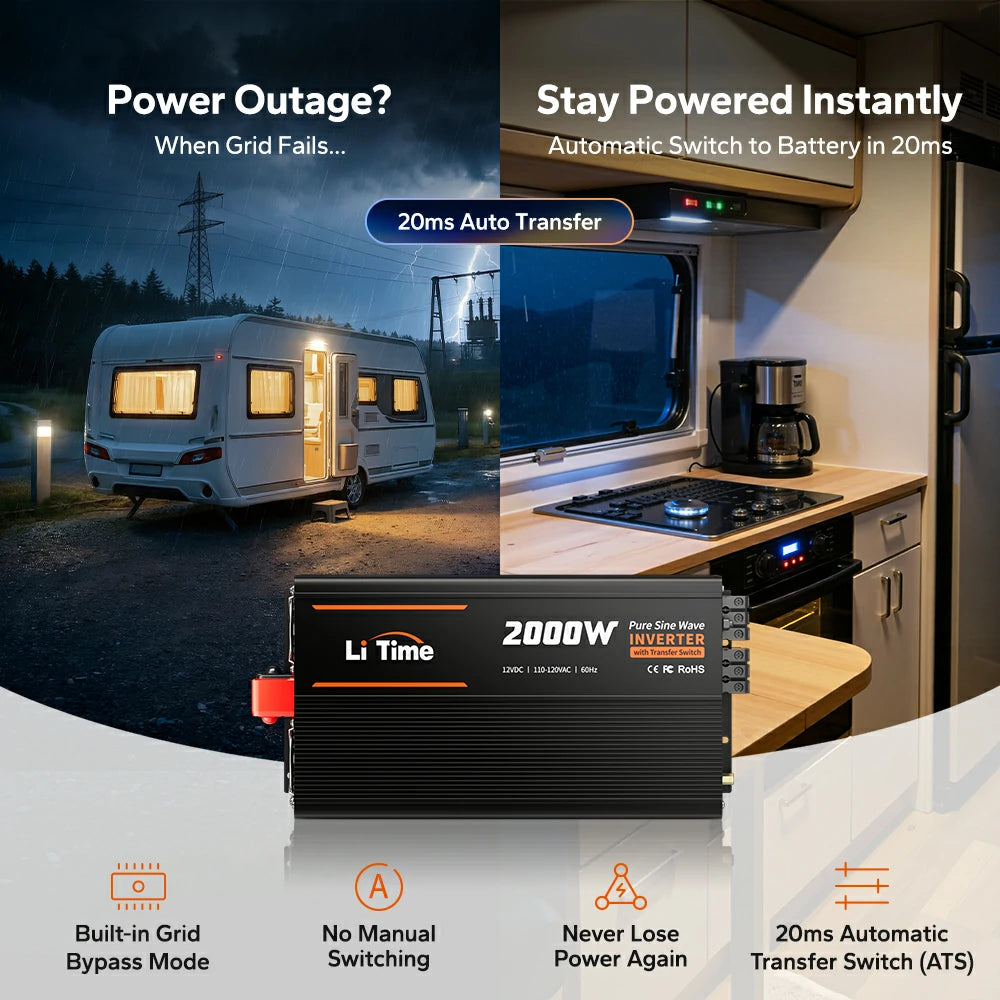 litime rv 2000 watt power inverter with 20ms auto transfer