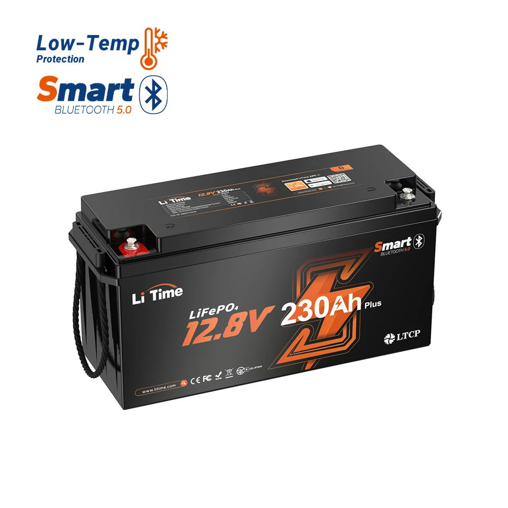 surface of LiTime 12V 230Ah bluetooth lithium battery feature with low tem protection and bluetooth function