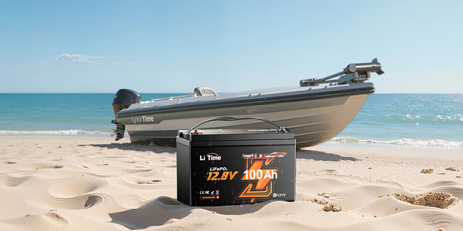 banner of a litime 12v 100ah marine battery, shown on a sunny beach with a motorboat in the background