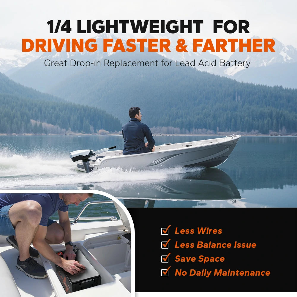 litime 48V battery for outboard motors, 1/4 lightweight for speed and distance,  easy installation and low maintenance