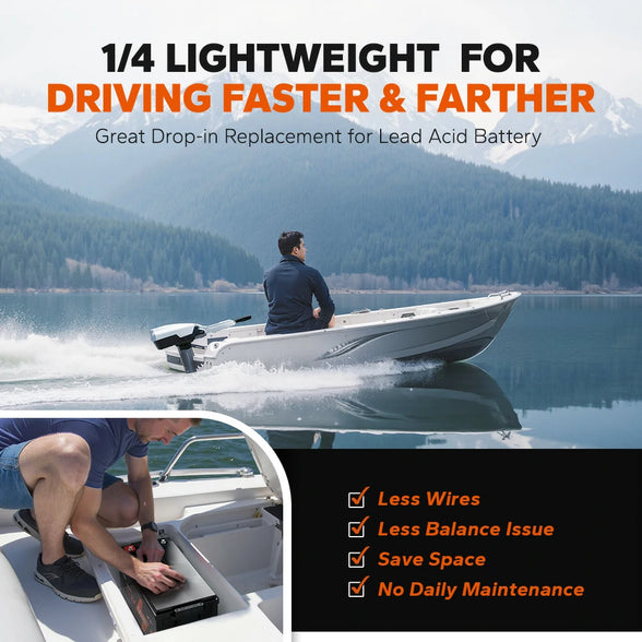 litime 48V battery for outboard motors, 1/4 lightweight for speed and distance,  easy installation and low maintenance