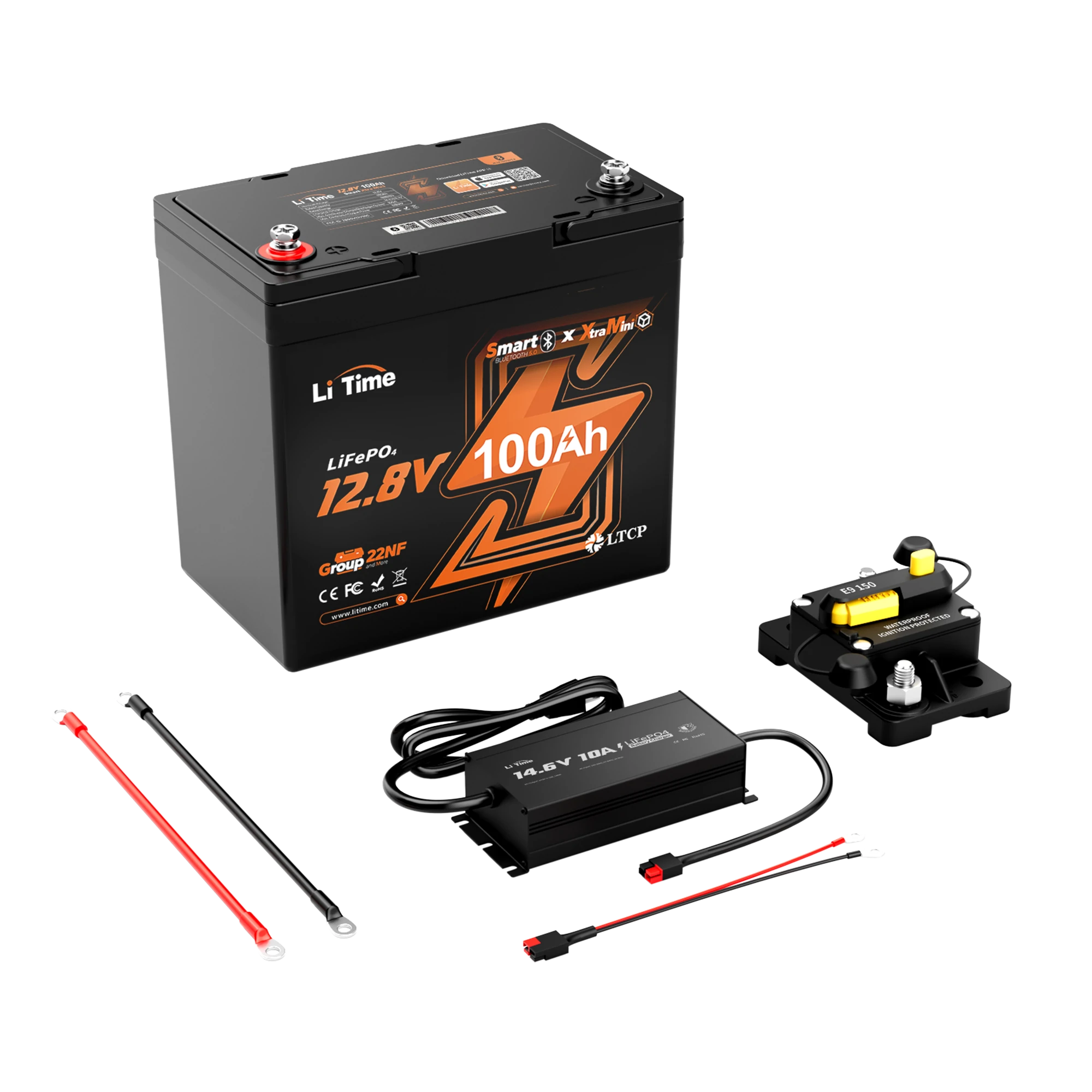 A 12-volt deep cycle marine battery for trolling motor kit with handle, plus charger, breaker, and connection cables