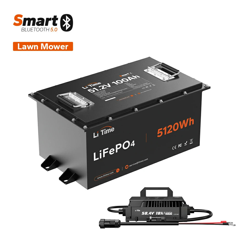 litime 48v 100ah lithium lawn mower battery and 58.4v 18ah charger