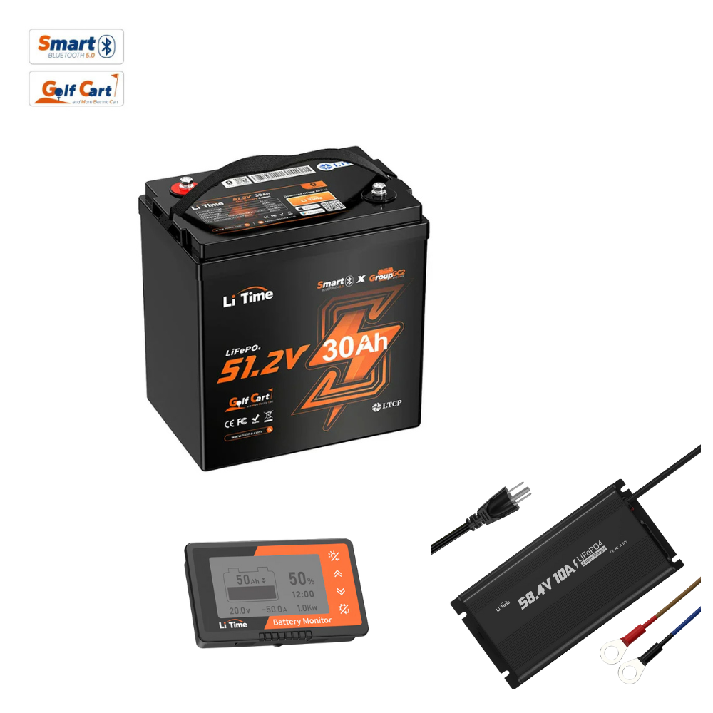 51.2V 30Ah GC2 Bluetooth Golf Cart Kit: battery + 58.4V 10A Charger + 500A Monitor