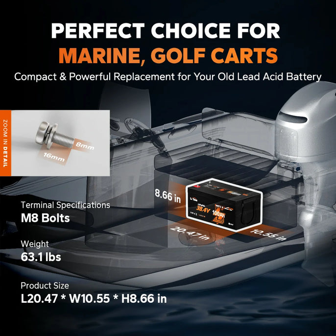 the size and weight information of LiTime 36V 100Ah lithium marine, golf carts battery