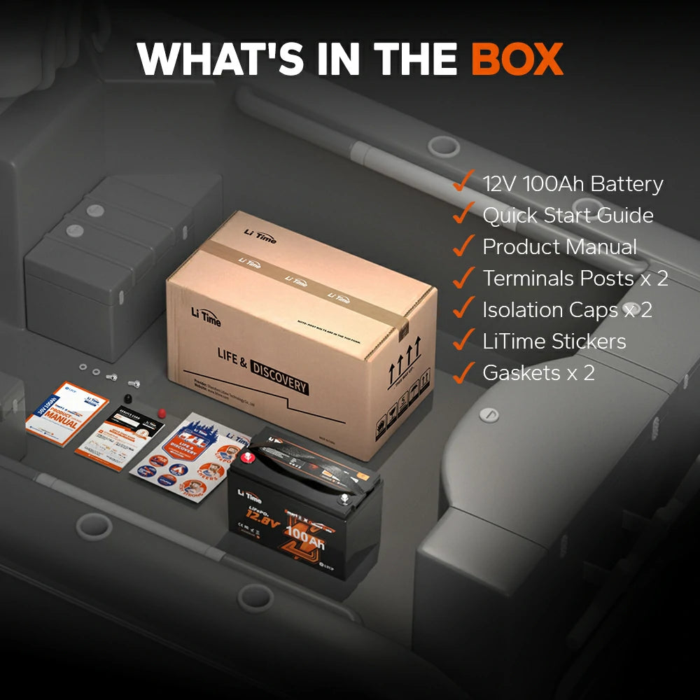 what's in the box of LiTime 12v 100ah deep cycle lithium outboard motor battery