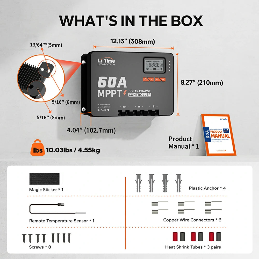 dimension information of litime 60a mppt solar charge controller 12v/24v/36v/48v