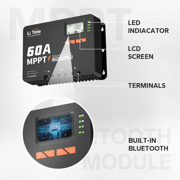 LiTime 60A MPPT solar charge controller with LED indicator, LCD screen, terminals, and built-in Bluetooth module
