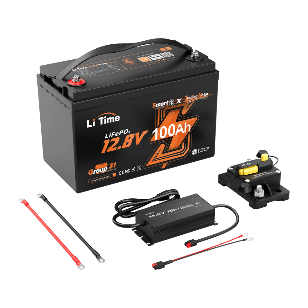 LiTime 12v 100ah trolling motor battery kit with charger, breaker, and connection cables