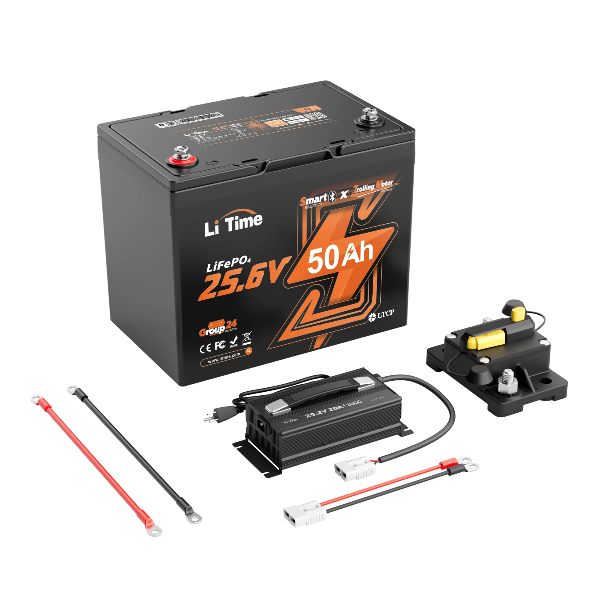 LiTime 24V 50Ah TM LiFePO4 Lithium Marine Trolling Motor Bluetooth Battery