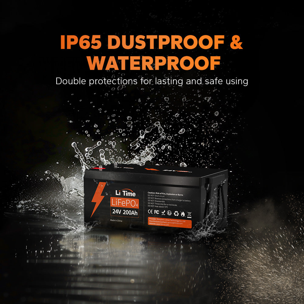 A LiTime 24V 200Ah LiFePO4 battery with an IP65 dustproof and waterproof rating in splashing water.