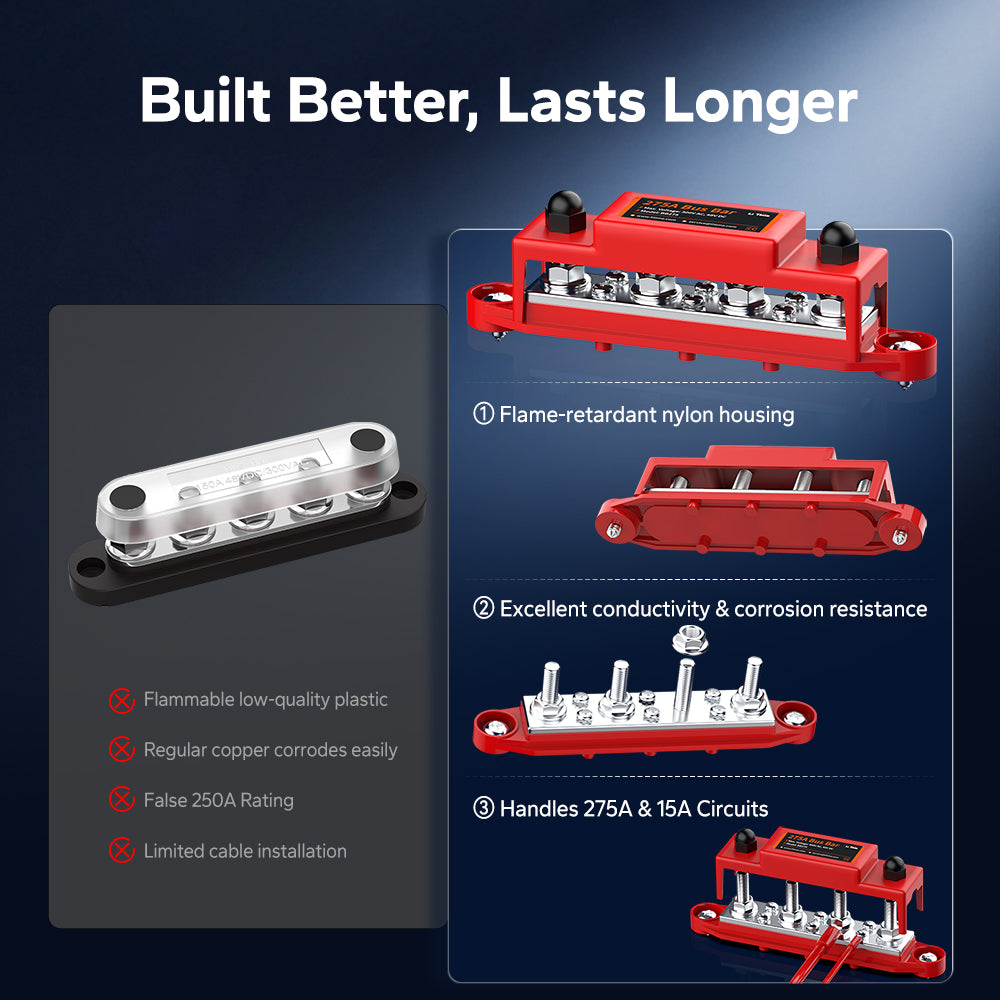 LiTime 12V 275A Power Distribution Bus Bar for RV, Marine, Solar Battery Terminal Block