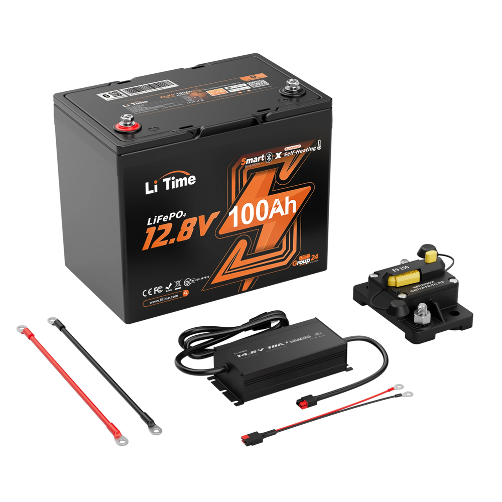 LiTime group 24 deep cycle battery kit: 12.8V 100Ah LiFePO4 battery with cables, charger, and a battery disconnect switch