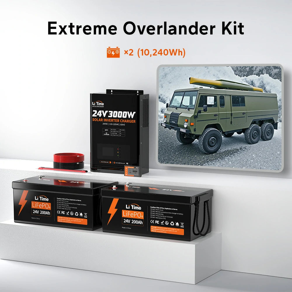litime extreme overland kit including 24v 3000w inverter charger and 2 24v 200ah lifepo4 battery powering 10240wh energy
