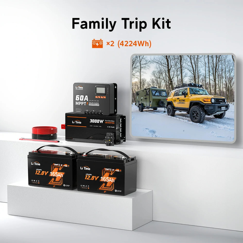 litime rv family trip kit tow 12v 165ah lifepo4 batteries power 4224wh energy & 3000w inverter 60a mppt