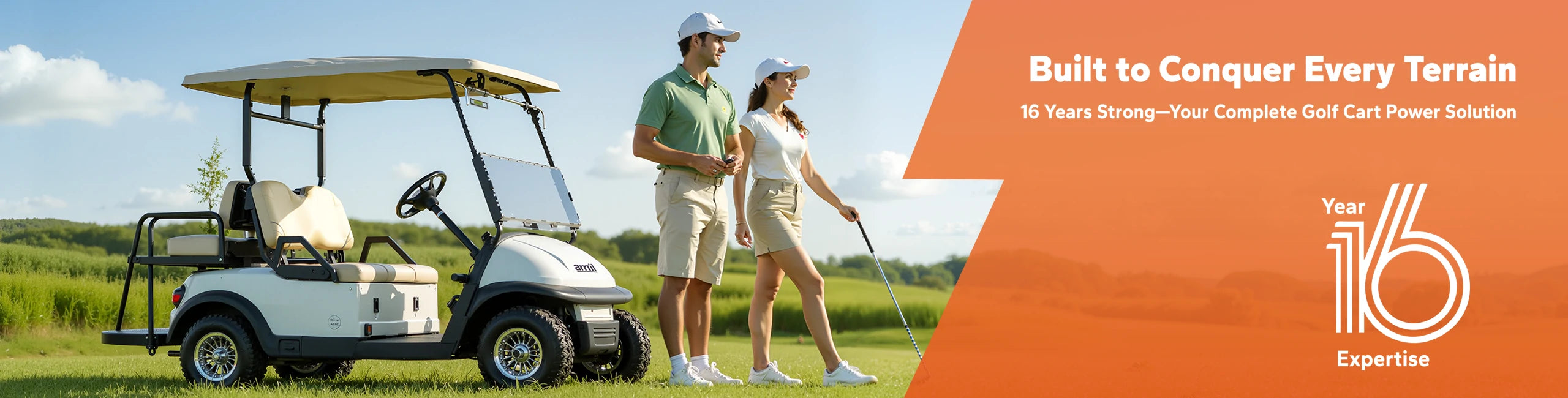Banner showcasing LiTime golf cart battery collection with a man and a woman standing near a golf cart