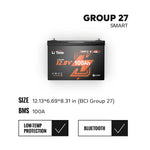 LiTime 12V 100Ah Group 27 Smart Battery: 12.13x6.69x8.31in, 100A BMS, Bluetooth & low-temp protection