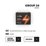 LiTime 12V 100Ah Group 24 LiFePO4 battery with 100A BMS, compact size (10.24x6.61x8.27in), no low-temp/Bluetooth