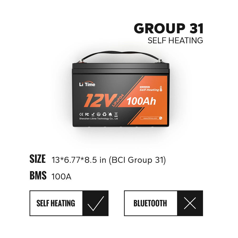 LiTime 12V 100Ah LiFePO4 battery with self-heating, 100A BMS, compact group 31 size , no bluetooth
