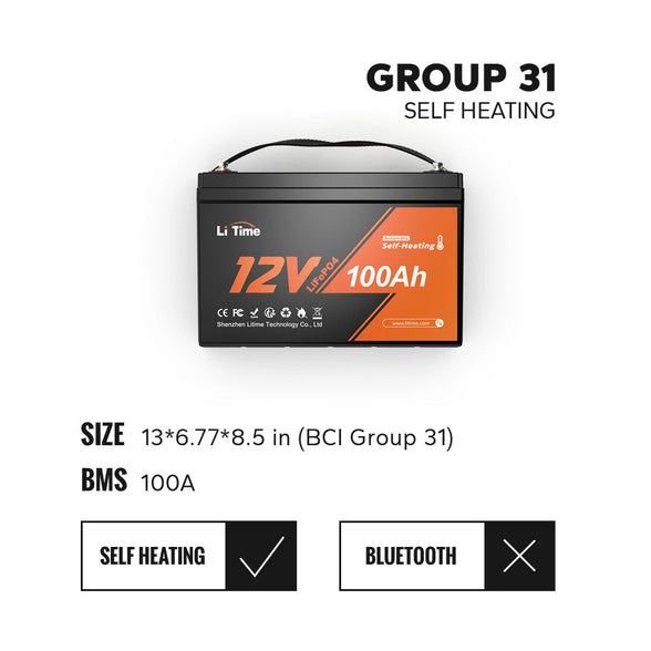 LiTime 12V 100Ah LiFePO4 battery with self-heating, 100A BMS, compact group 31 size , no bluetooth