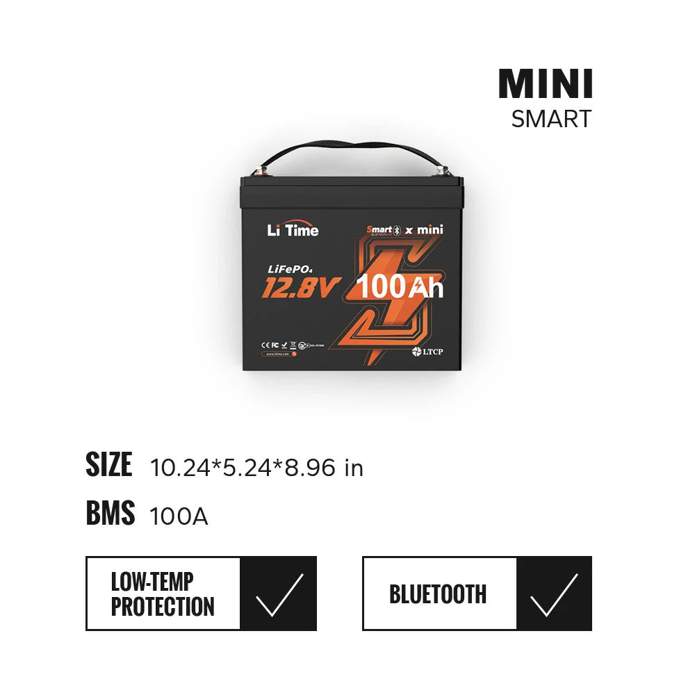 LiTime 12V 100Ah mini smart LiFePO4 battery: 10.24x5.24x8.96in, 100A BMS, Bluetooth & low-temp protection
