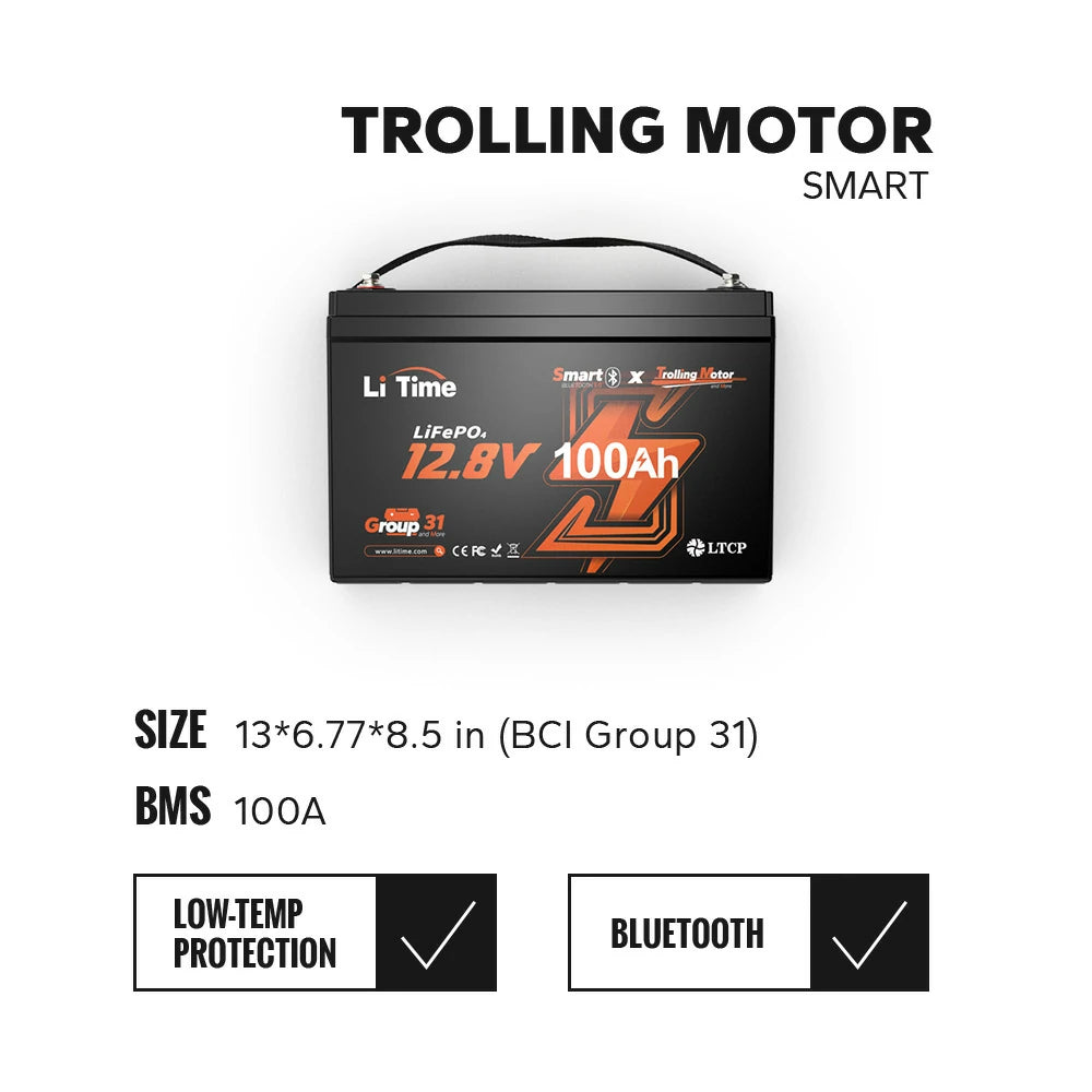 LiTime 12V 100Ah Smart Trolling Motor Battery: BCI Group 31 (13x6.77x8.5in), 100A BMS, Bluetooth & low-temp protection