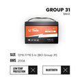 LiTime 12V 100Ah Group 31 LiFePO4 MAX battery with 200A BMS, compact size (13x6.77x8.5in), no Bluetooth/low-temp