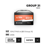 LiTime 12V 100Ah Group 31 LiFePO4 MAX battery with 200A BMS, compact size (13x6.77x8.5in), no Bluetooth/low-temp