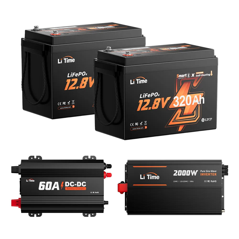  2 packs of litime 12v 320ah truck lithium battery, 60a dc-dc charger, and 2000w inverter
