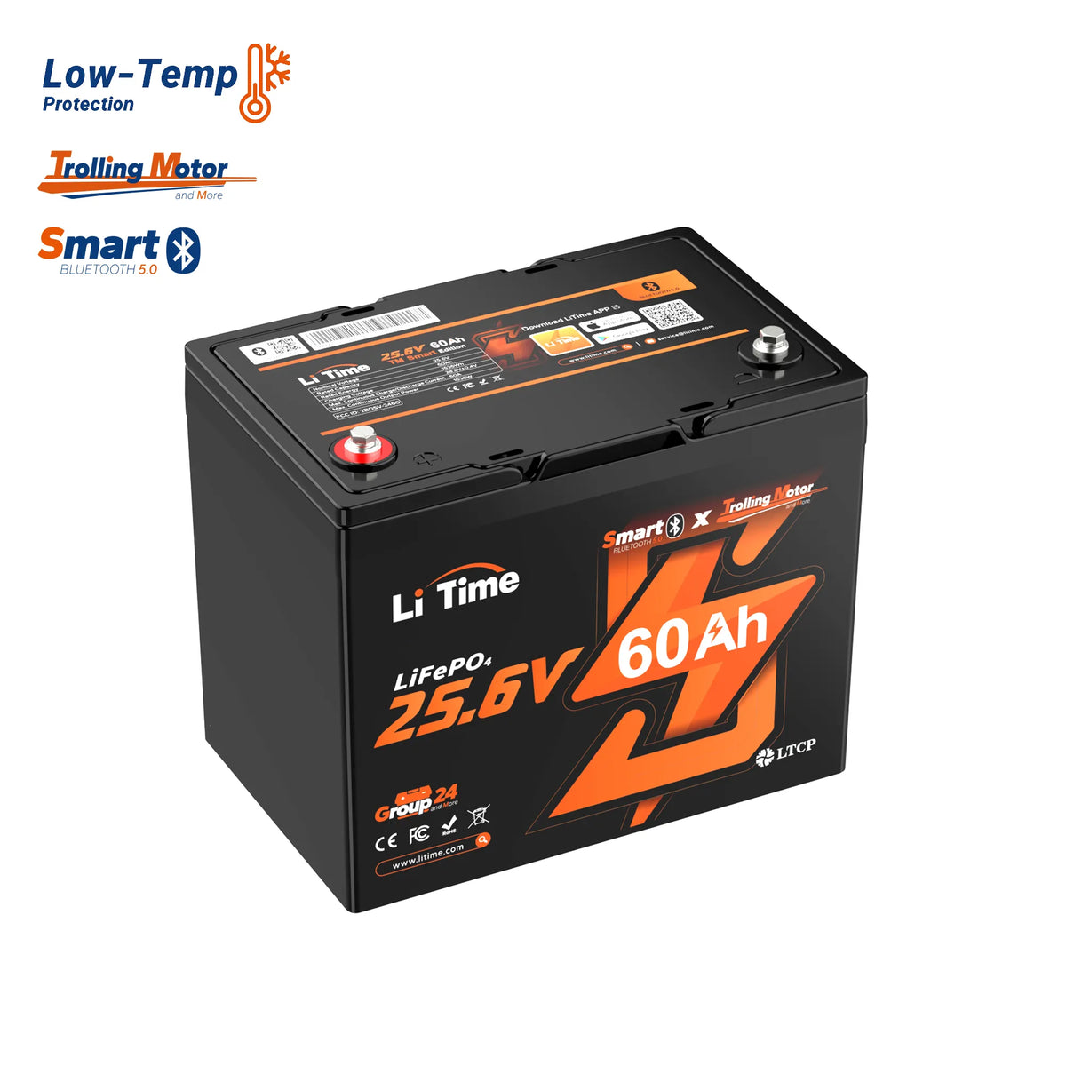 LiTime 24V 60Ah Group 24 Bluetooth trolling motor battery for compact marine installations