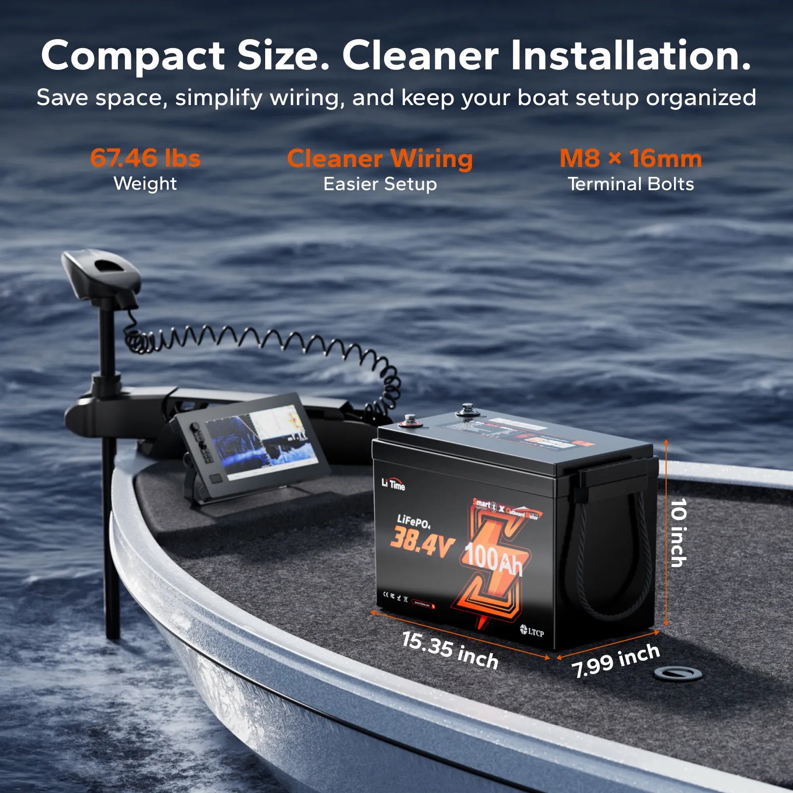 LiTime 36V 100Ah Compact Bluetooth Lithium Battery for Trolling Motors & Electric Outboards