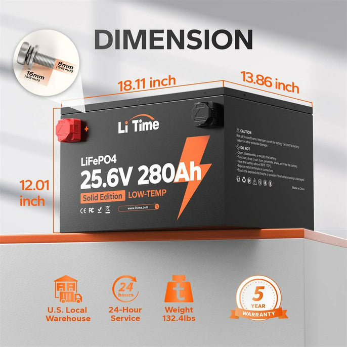 dimensions and weight of LiTime 24V280Ah lithium battery
